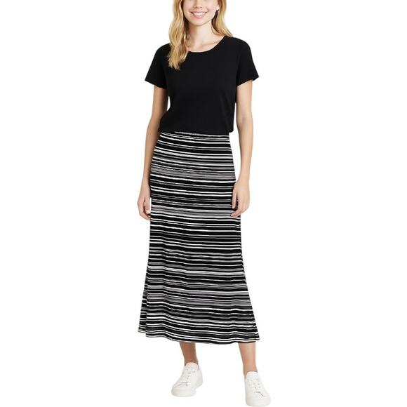 Roz & Ali Dressbarn Maxi Skirt A Line Black Cream Stripes Women's Size Small - Picture 1 of 7